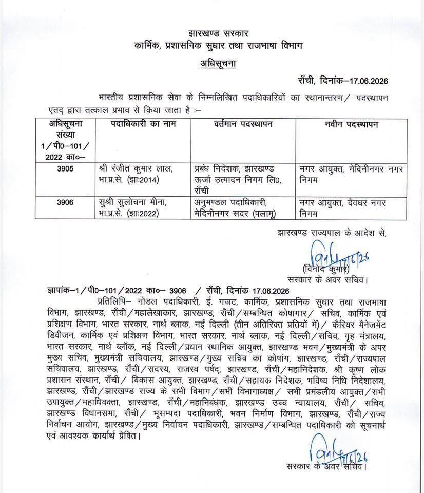 झारखंड में बुधवार की आधी रात बड़ा प्रशासनिक धमाका, 90 अधिकारियों के बदले गए विभाग : यहाँ देखें लिस्ट 1 WhatsApp Image 2026-06-18 at 11.09.44 AM